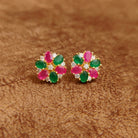 Ruby Pink and Emerald Green Floral Stud Earrings with Crystal Accents Designer Imitation Jewellery by Sanvi Jewels