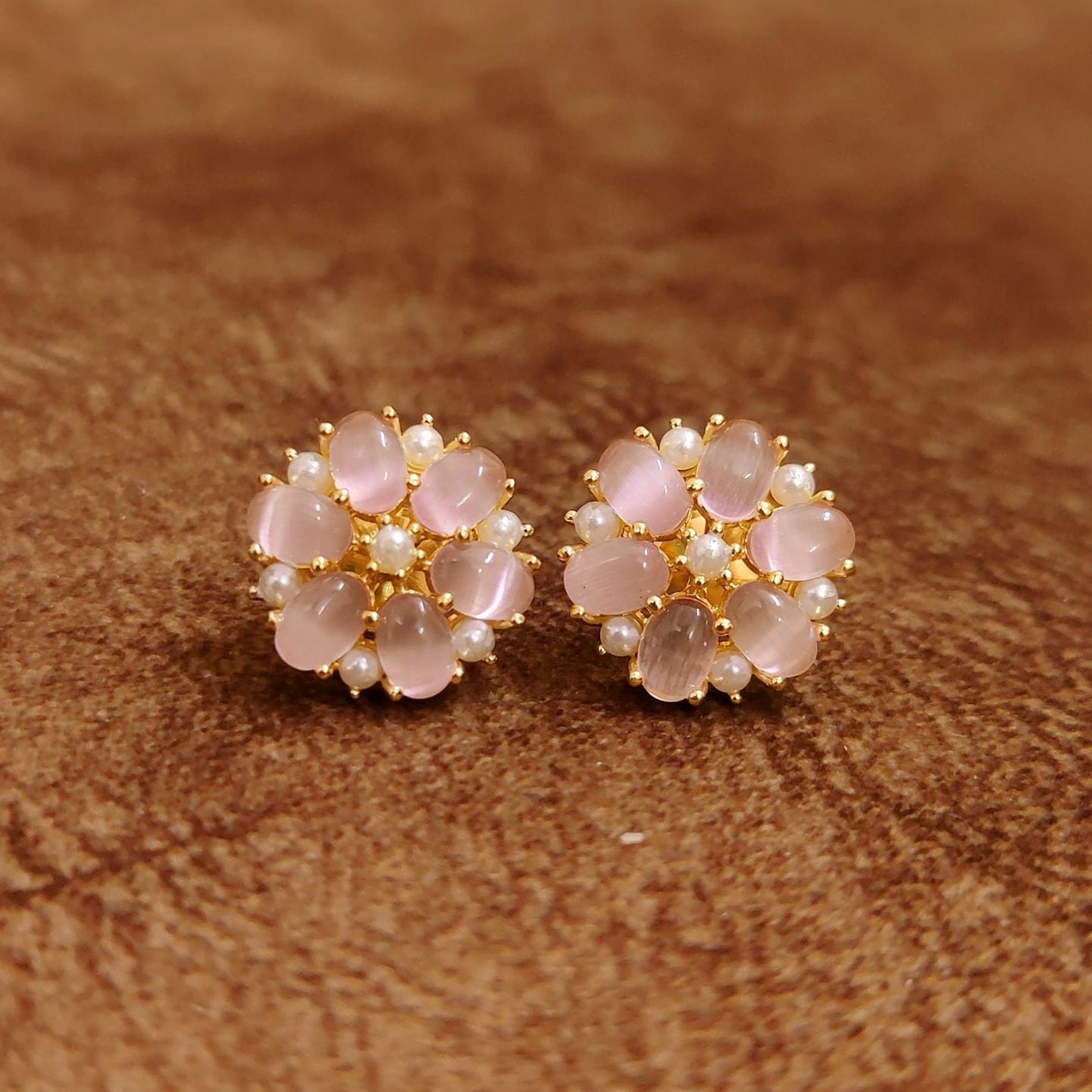 Blush Pink Floral Stud Earrings with Pearl Accents Designer Imitation Jewellery by Sanvi Jewels