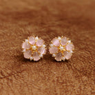 Blush Pink Floral Stud Earrings with Pearl Accents Designer Imitation Jewellery by Sanvi Jewels