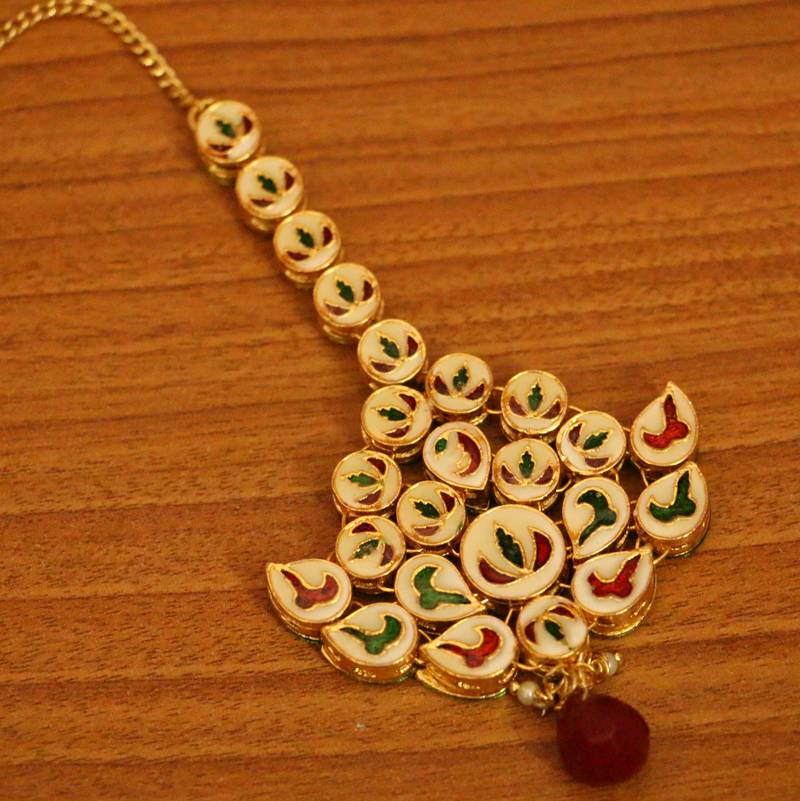 Ruby Kundan Meenakari Bridal Maang Tikka