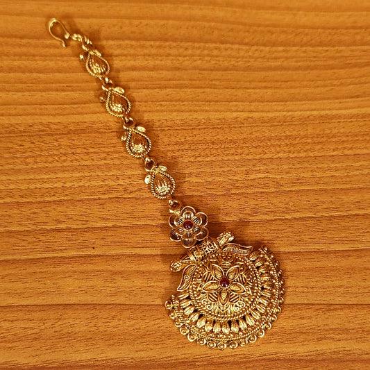 Antique Gold Plated Gold Look Wedding Maang Tikka
