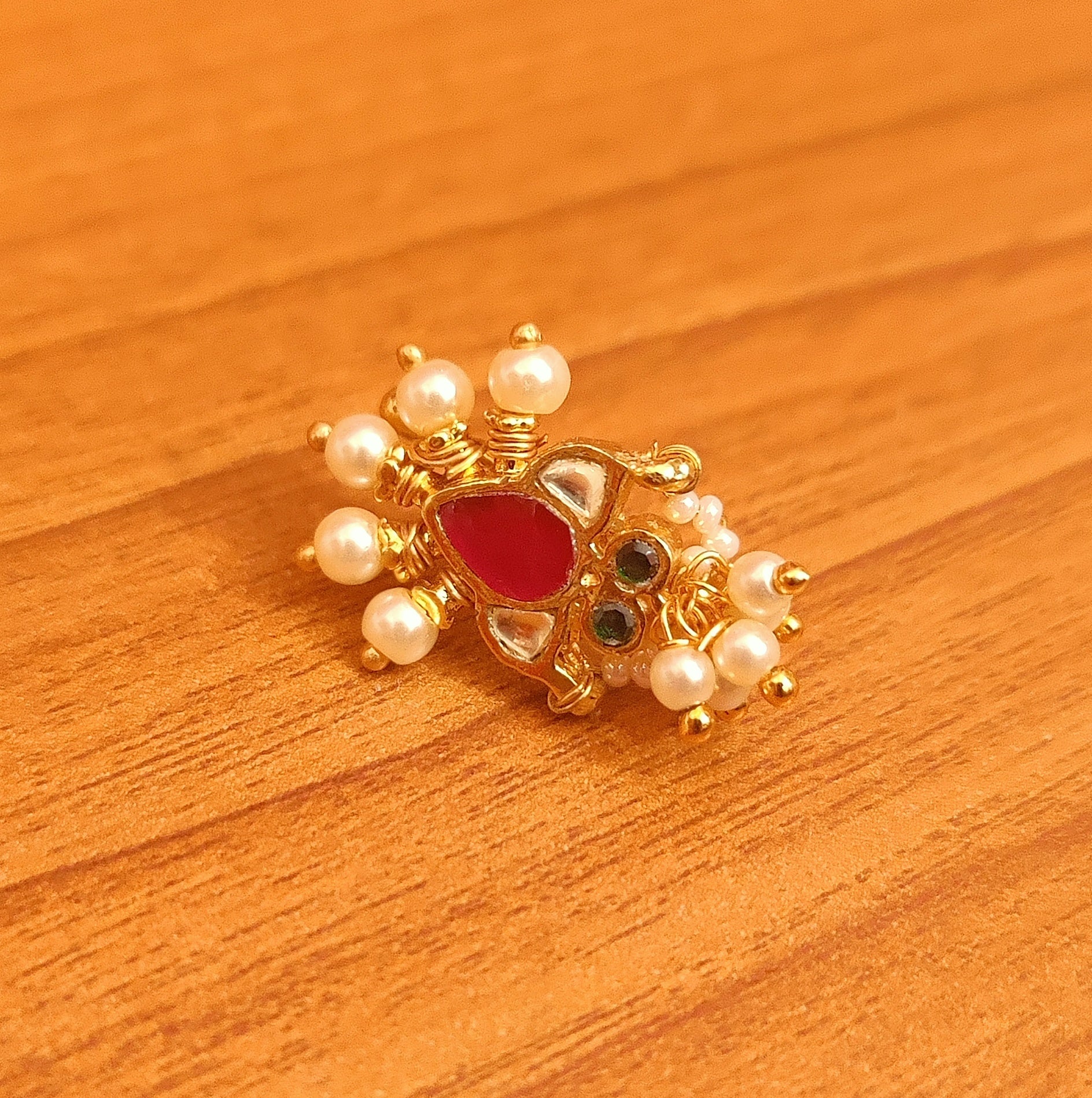 Multicolour Kundan Polki Marathi Nose Ring Traditional Indian Nath Red Green – Sanvi Jewels