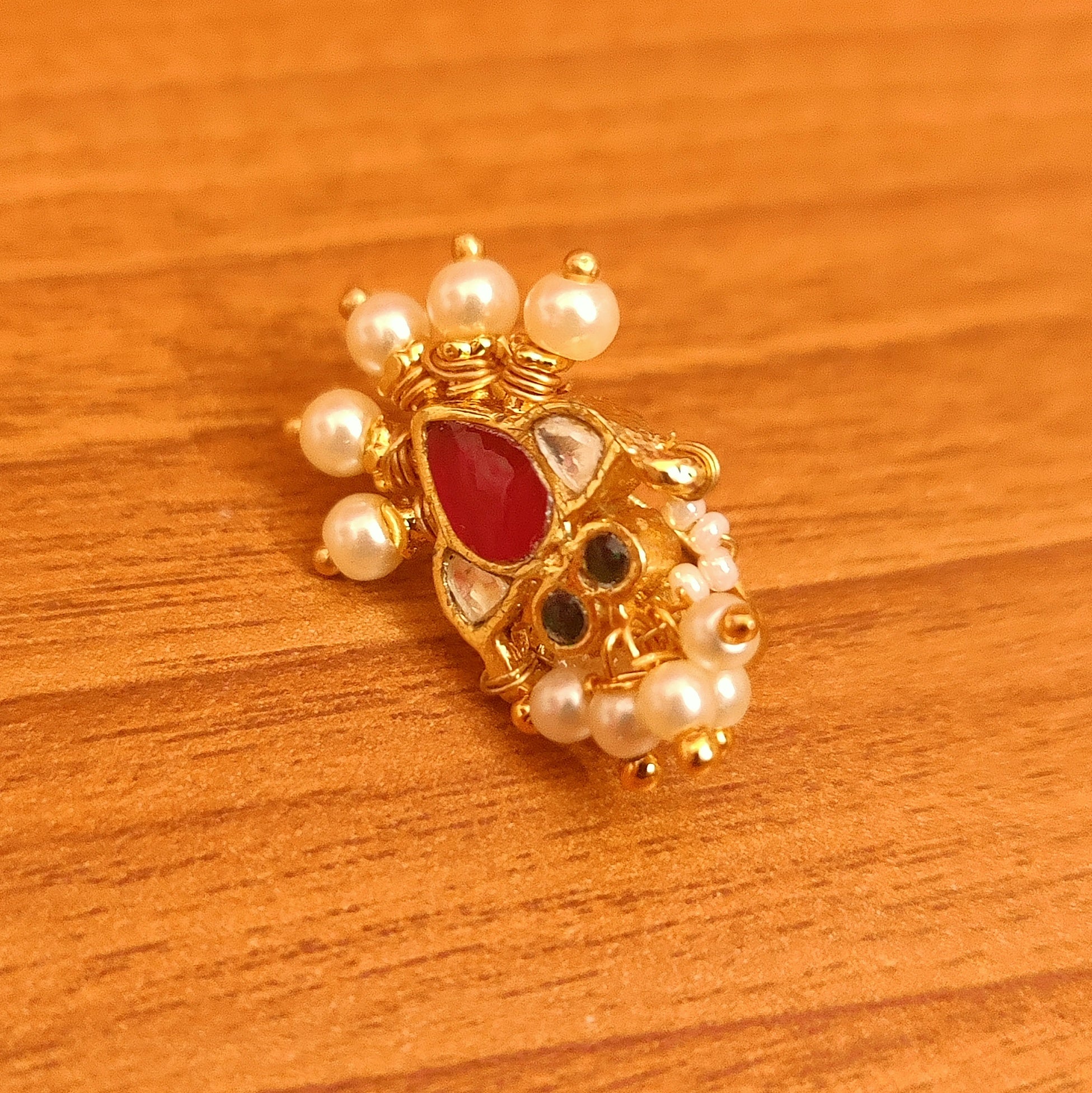 Multicolour Kundan Polki Marathi Nose Ring Traditional Indian Nath Red Green – Sanvi Jewels