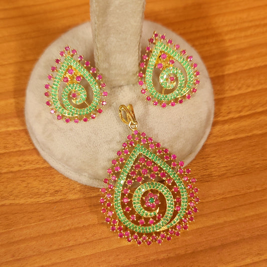 Ruby & Emerald Green Cz Stone Studded Pendant Set