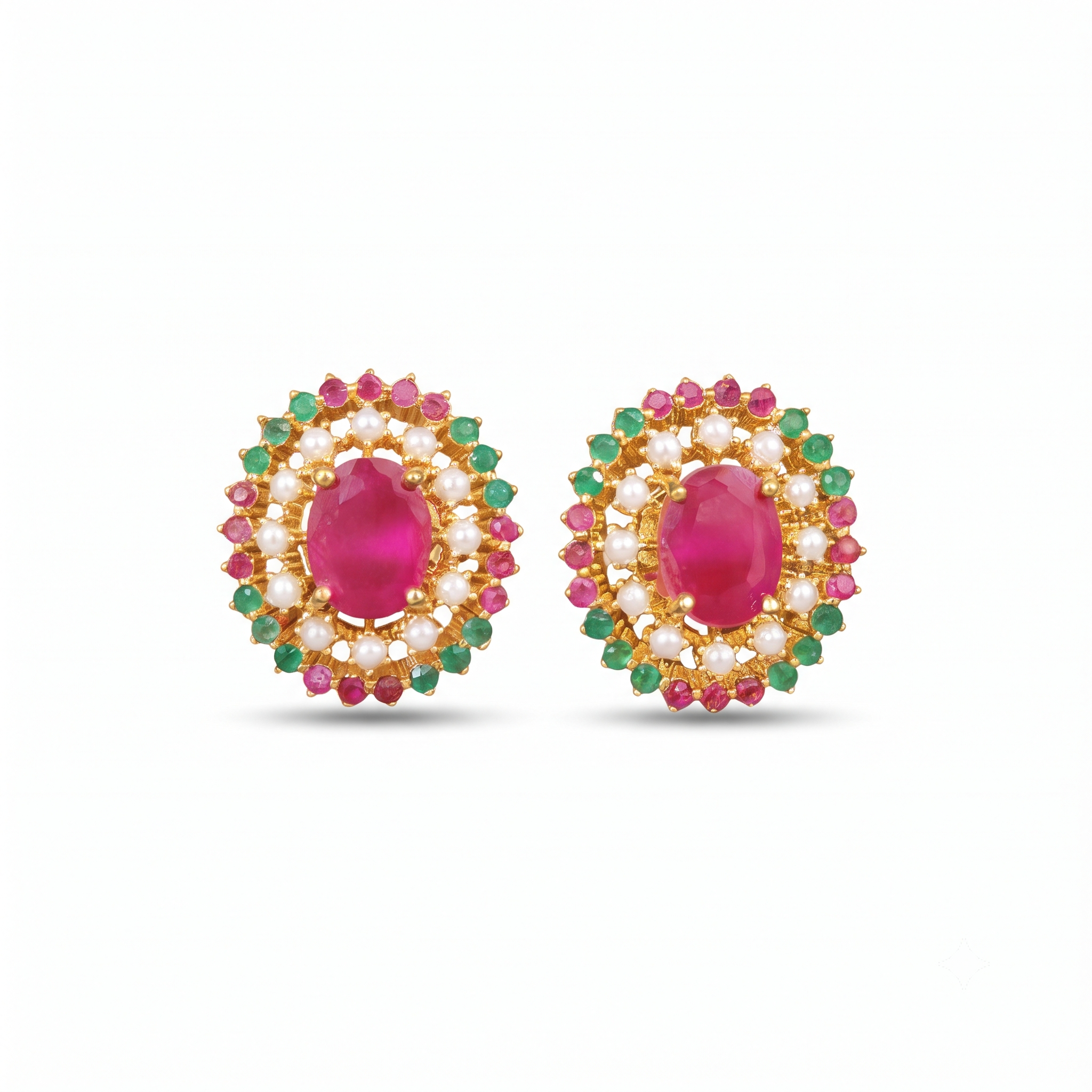 Ruby & Emerald Gold Plated Pearl Studs – Design Preview – Sanvi Jewels