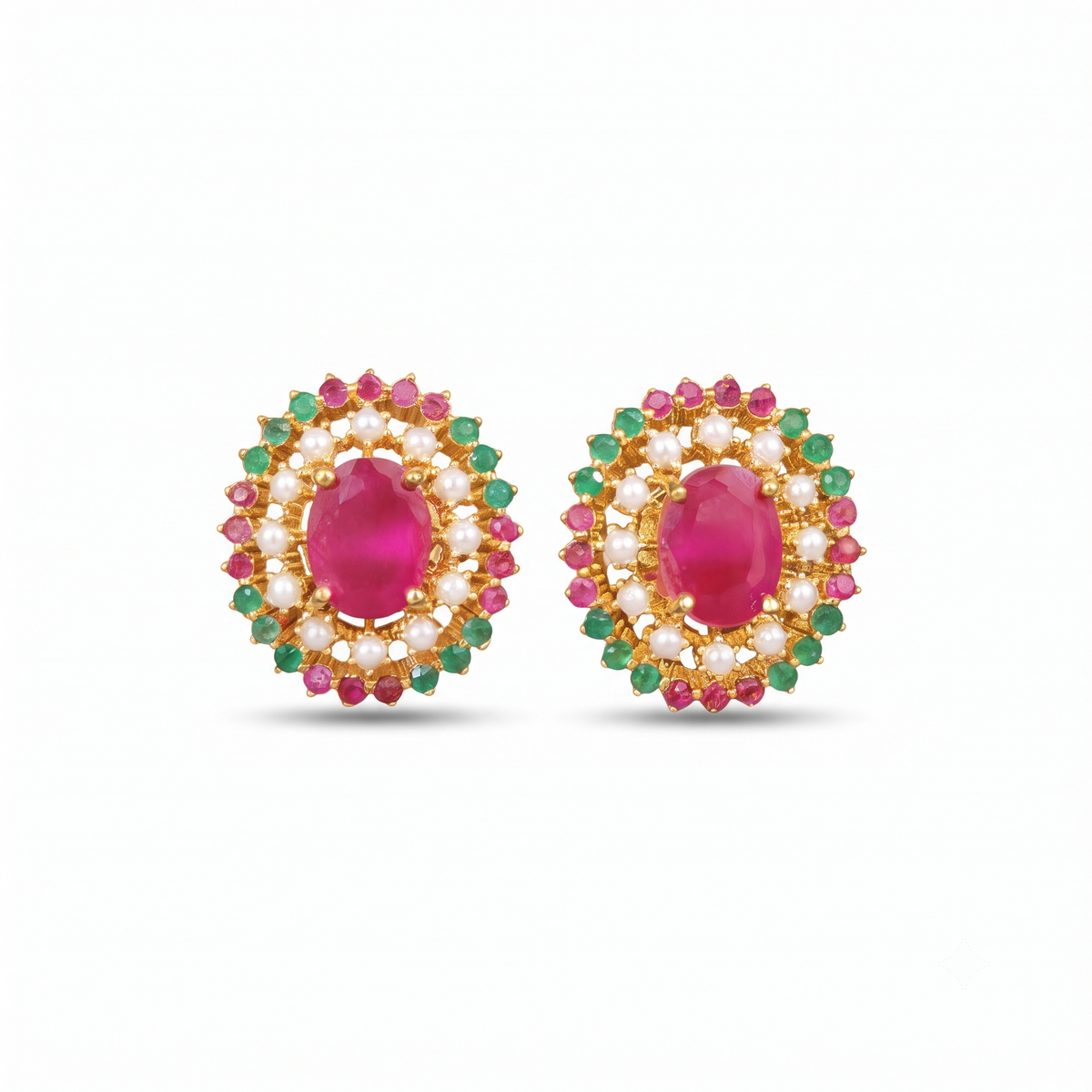 Ruby & Emerald Gold Plated Pearl Studs – Design Preview – Sanvi Jewels