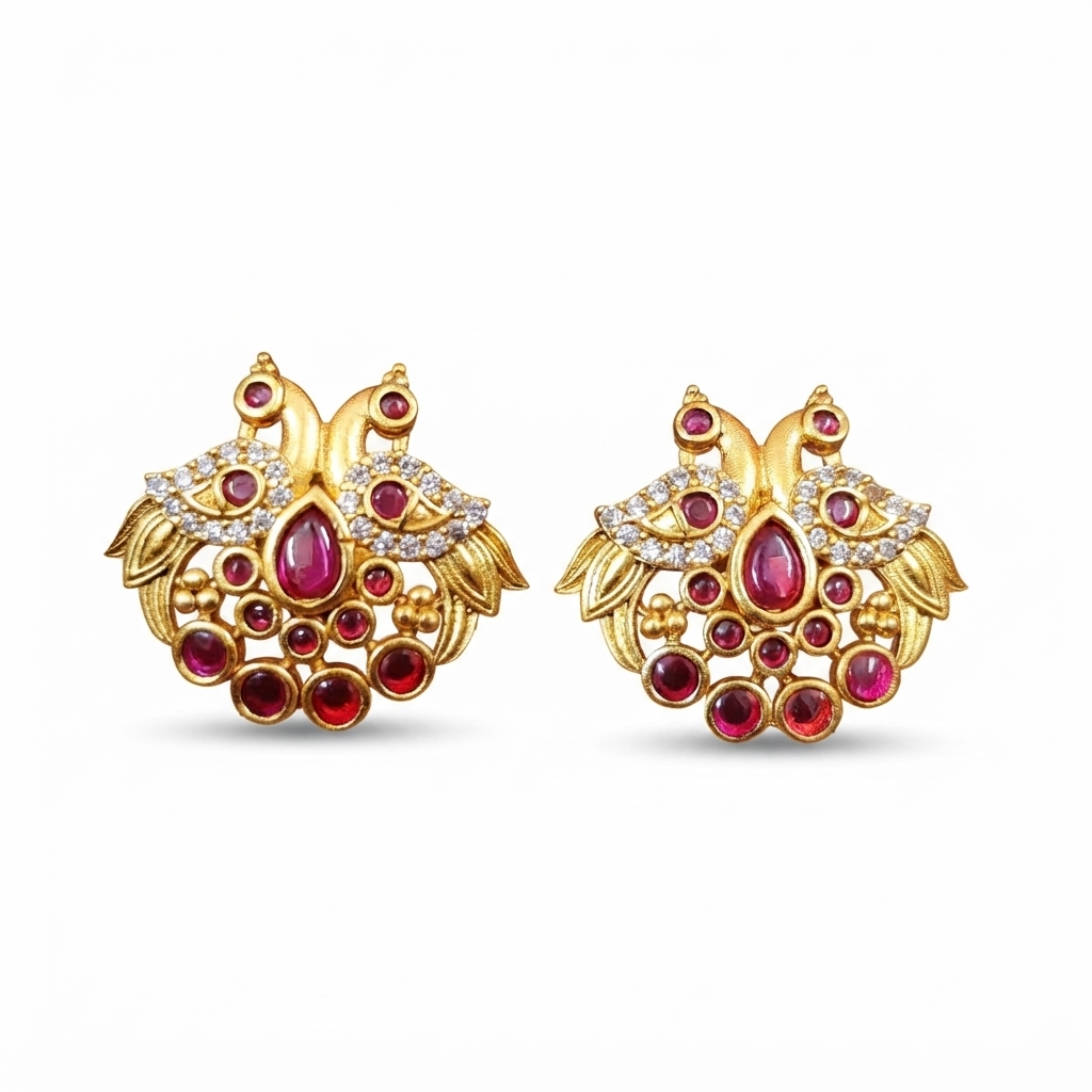 Premium Ruby CZ Kempu Peacock Studs – Design Preview – Sanvi Jewels