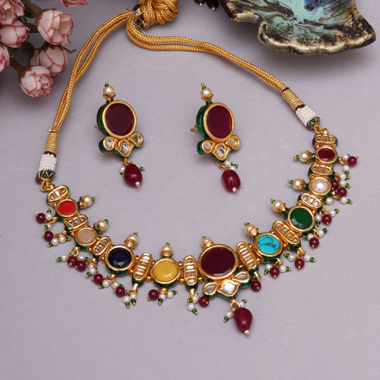 Multicolour Navratan Kundan Look Necklace Set