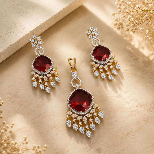 Ruby Cushion CZ Chandelier Pendant & Earring Set | 22kt Gold-Plated Bridal Jewellery