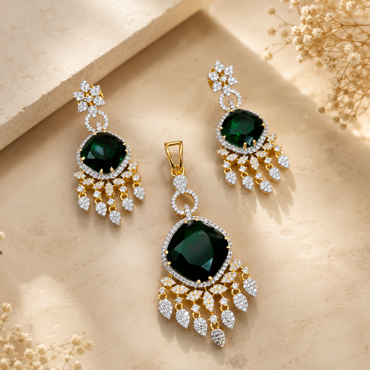 Emerald Cushion CZ Chandelier Pendant & Earring Set | 22kt Gold-Plated Bridal Jewellery