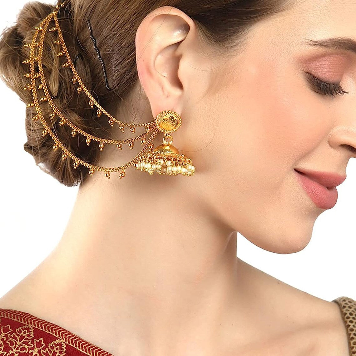 Kundan Earring With Over-The-Ear Kundan Chain – Ricco India