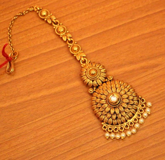 Gold pearl maang-tikka