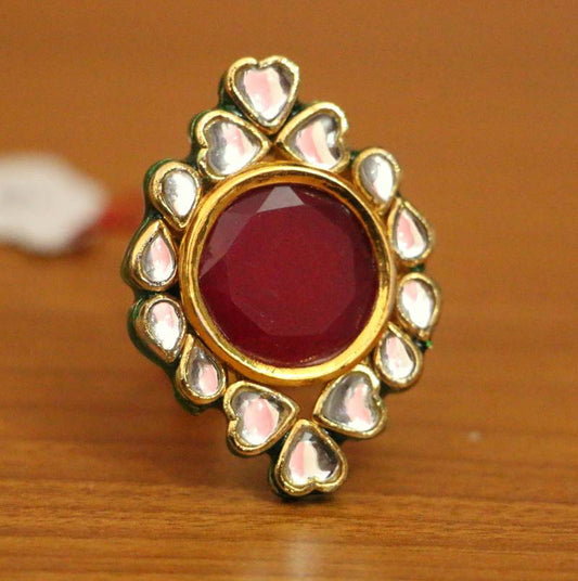 RUBY COLOUR GOLD PLATED KUNDAN MEENAKARI RING
