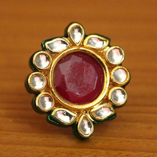 RUBY COLOUR ONYX KUNDAN MEENAKARI ADJUSTABLE RING