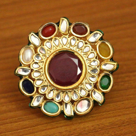 NAVRATAN KUNDAN MEENAKARI COCKTAIL RING
