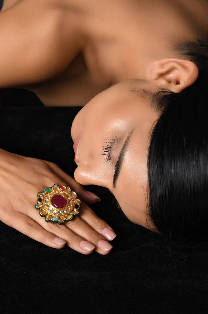 NAVRATAN KUNDAN MEENAKARI COCKTAIL RING