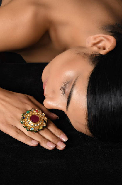 NAVRATAN KUNDAN MEENAKARI COCKTAIL RING