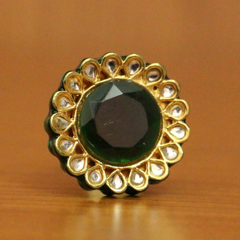 GREEN ONYX KUNDAN MEENAKARI ROUND COCKTAIL RING