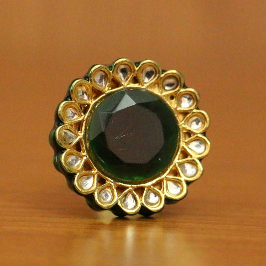 GREEN ONYX KUNDAN MEENAKARI ROUND COCKTAIL RING
