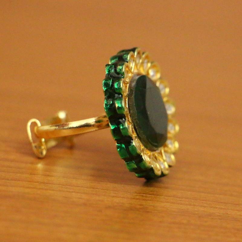 GREEN ONYX KUNDAN MEENAKARI ROUND COCKTAIL RING
