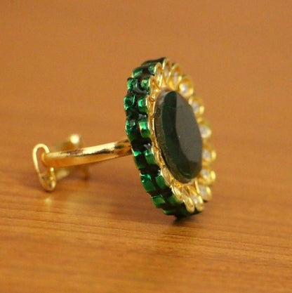 GREEN ONYX KUNDAN MEENAKARI ROUND COCKTAIL RING
