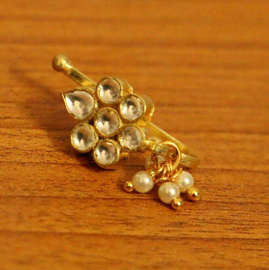 KUNDAN & PEARL FLOWER PATTERN POLKI MARATHI NOSE RING