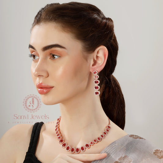 RED GARNET & CZ STUDDED OVAL SHAPED NECKLACE SET