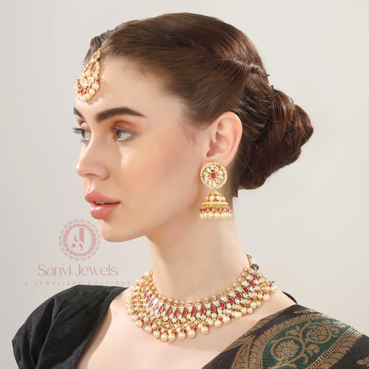 RUBY UNCUT KUNDAN & PEARL POLKI NECKLACE SET