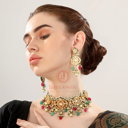 Multicolour Uncut Kundan Polki Handcrafted Necklace Set