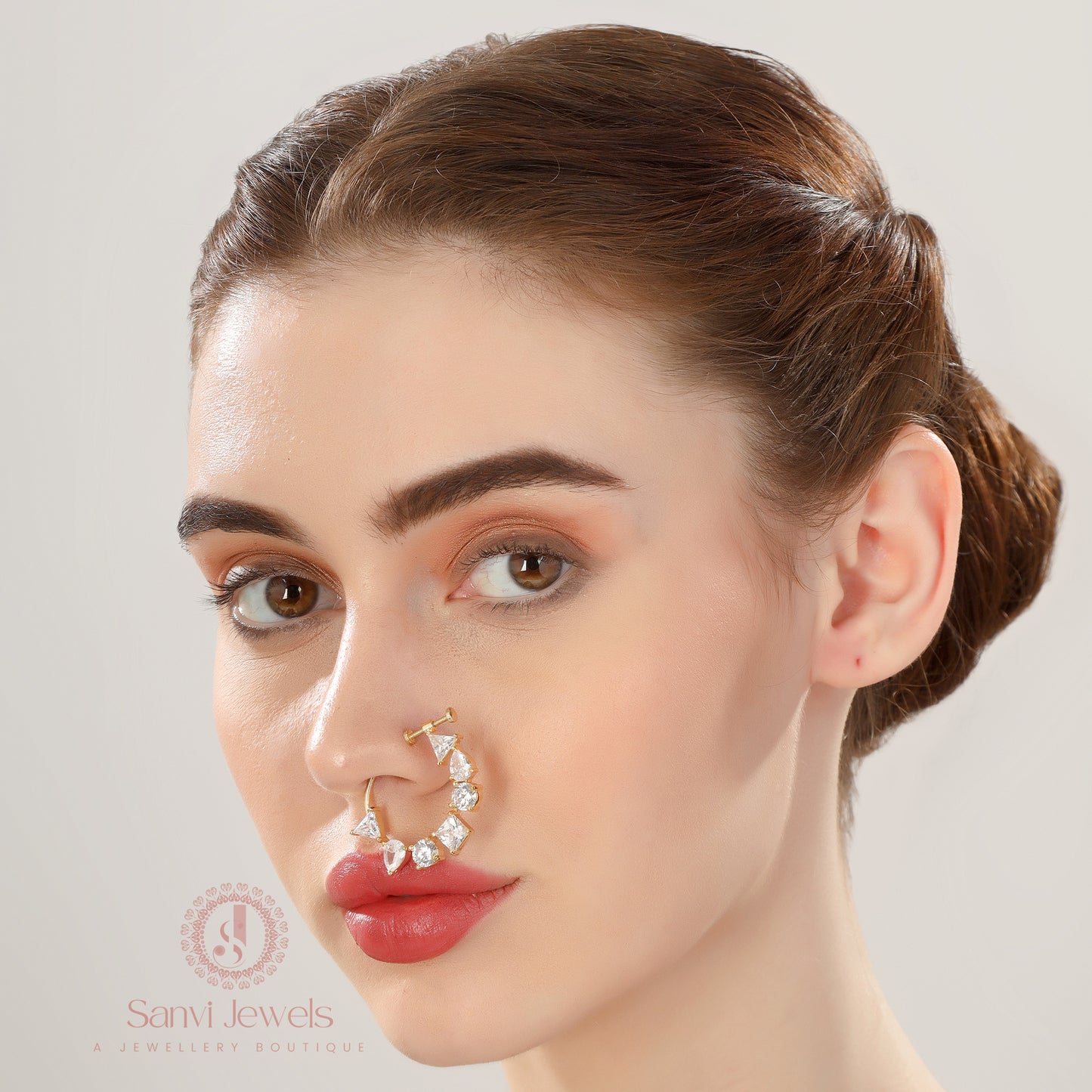 GOLD PLATED CZ STUDDED NON PIERCING NOSE RING