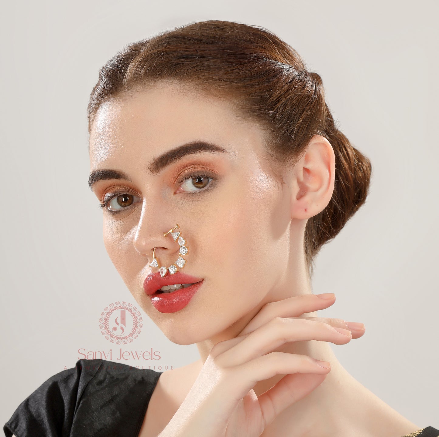 GOLD PLATED CZ STUDDED NON PIERCING NOSE RING