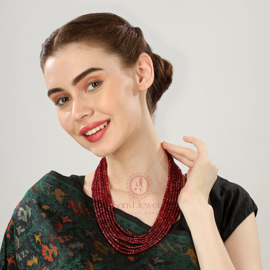 Semi Precious Ruby Colour 7 Line Necklace Set