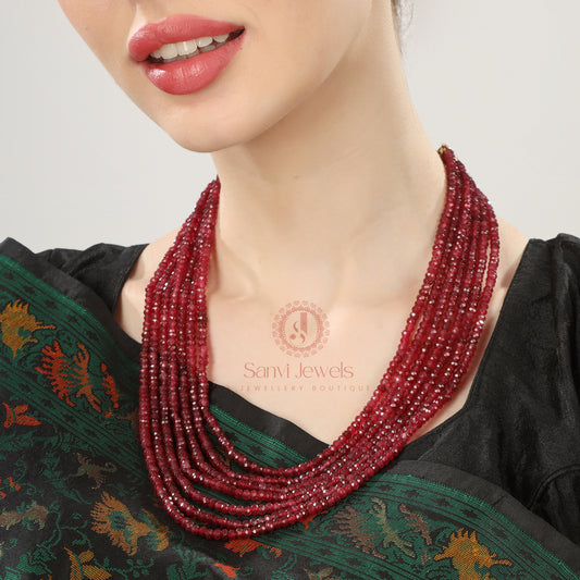 Semi Precious Ruby Colour 7 Line Necklace Set
