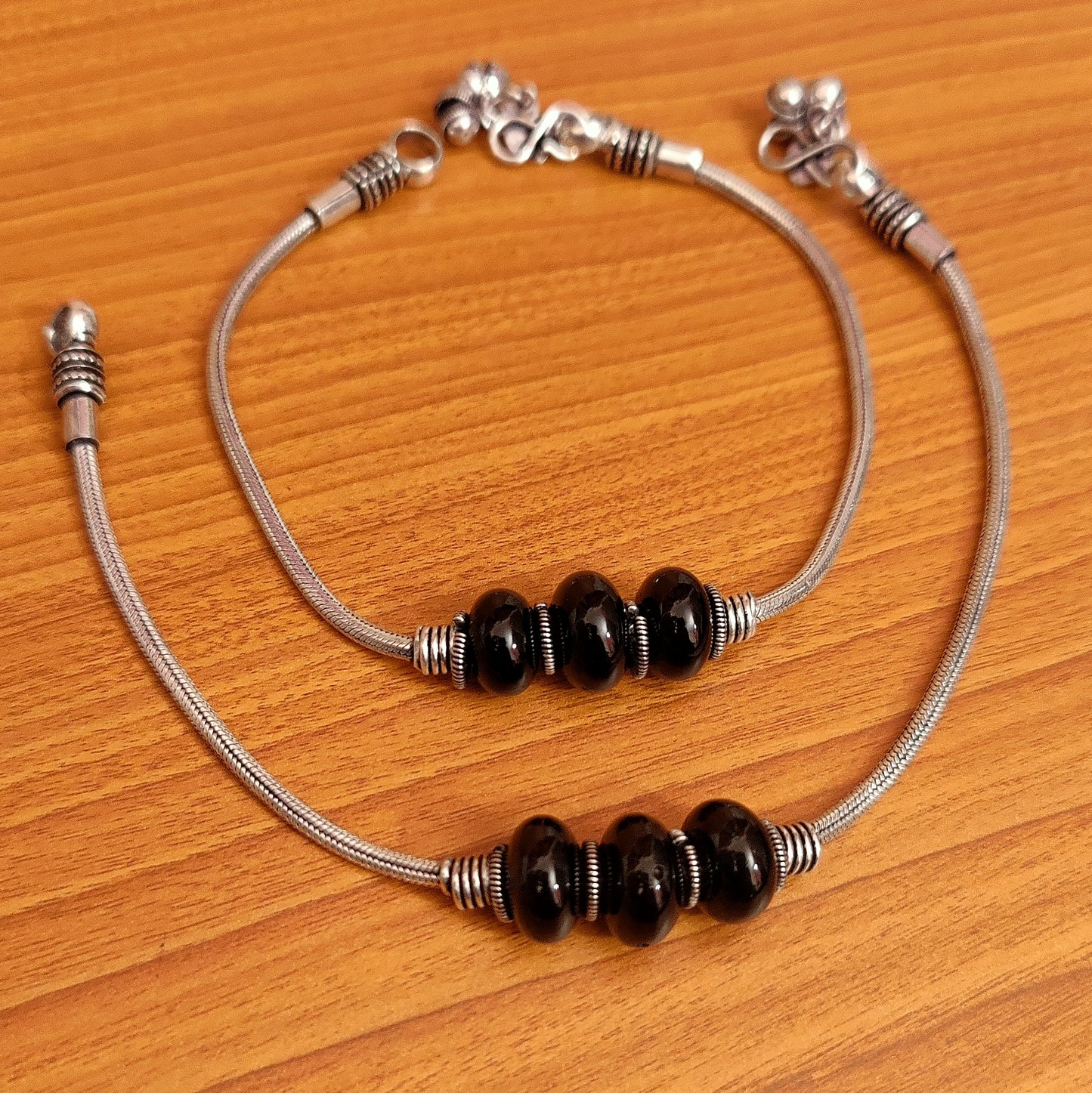 OXIDISED SILVER LOOK BLACK BEADS ANKLETS