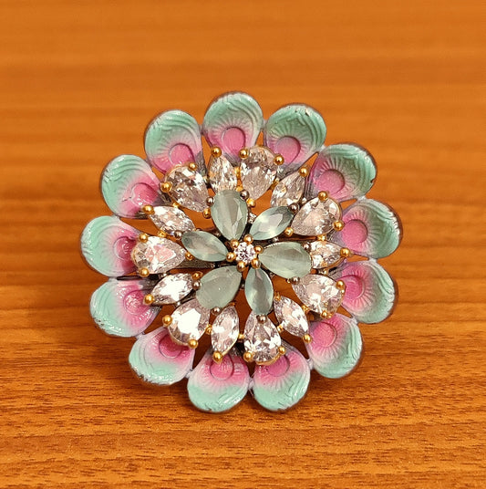 MINT PINK COLOUR CZ STUDDED MEENAKARI COCKTAIL RING
