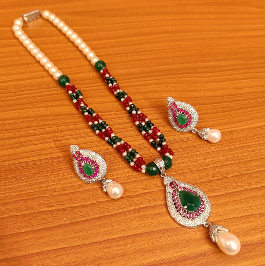 MULTICOLOUR CZ STUDDED BEADED NECKLACE SET