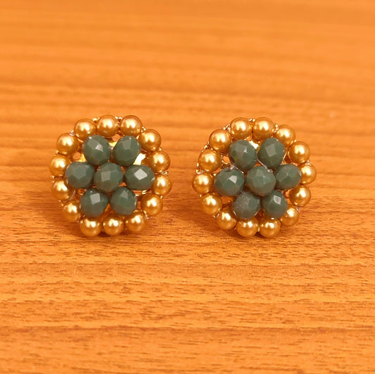 GOLD BEADED GREEN CRYSTAL STUDS