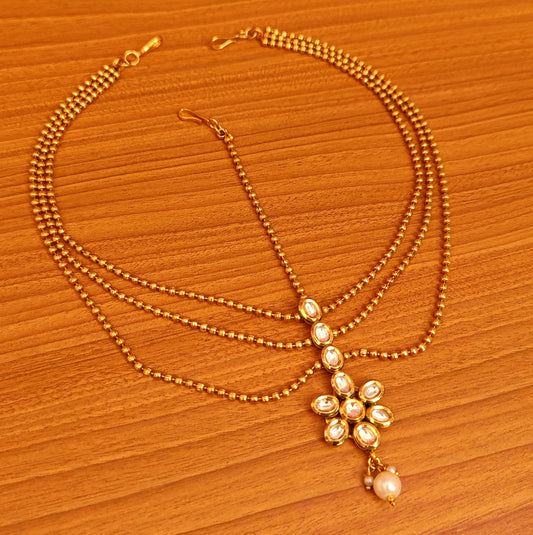 FLOWER KUNDAN POLKI GOLD CHAIN LOOK BRIDAL MAANG TIKKA