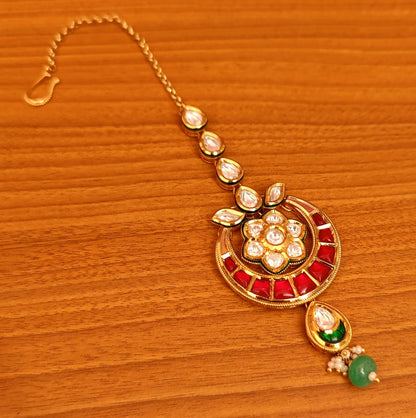 Handcrafted Multicolour Kundan Polki Wedding Tikka | Gold-Plated Bridal Jewellery