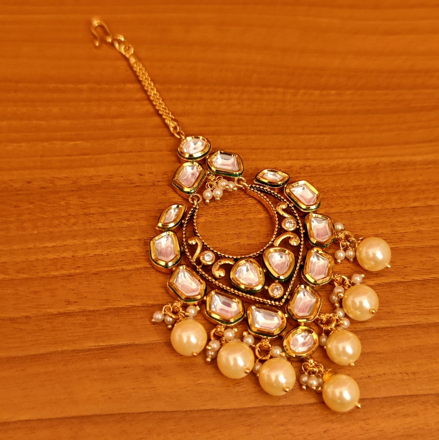 Uncut Kundan Polki Gold Maang Tikka | Gold-Plated Raw Stone Bridal Head Jewellery