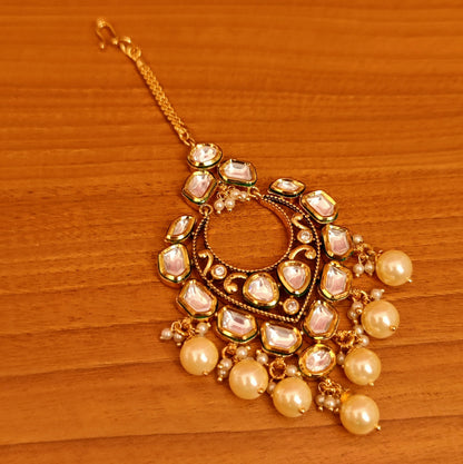 Uncut Kundan Polki Gold Maang Tikka | Gold-Plated Raw Stone Bridal Head Jewellery
