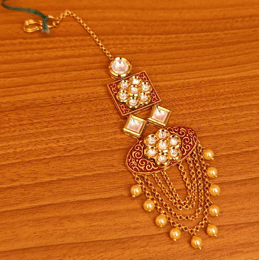 Gheru & Kundan Polki Ethnic Maang Tikka | Gold-Plated Bridal Head Jewellery