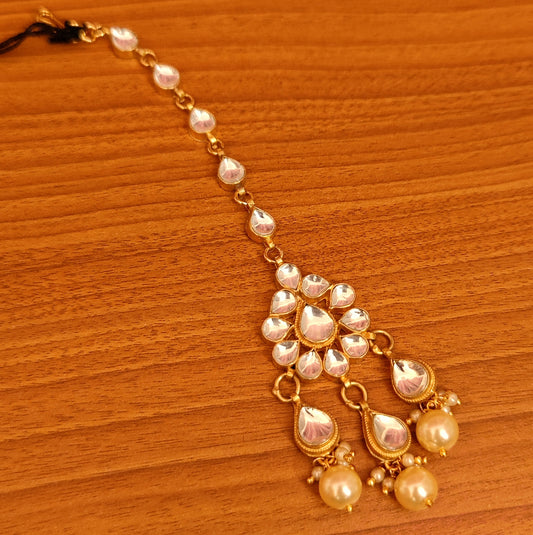 Pear-Shaped Kundan Polki & Pearl Maang Tikka | Gold-Plated Bridal Head Jewellery