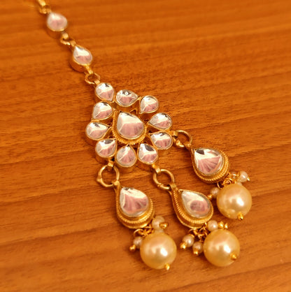 Pear-Shaped Kundan Polki & Pearl Maang Tikka | Gold-Plated Bridal Head Jewellery