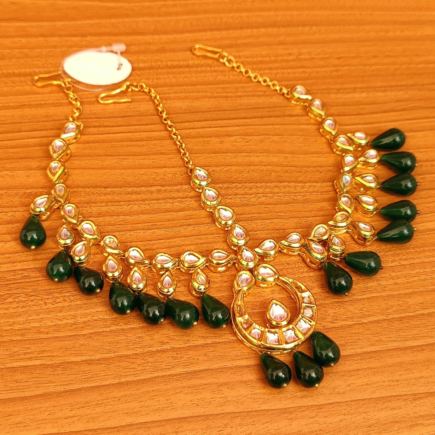 Emerald Kundan Meenakari Drop Maathapatti | Gold-Plated Bridal Head Jewellery