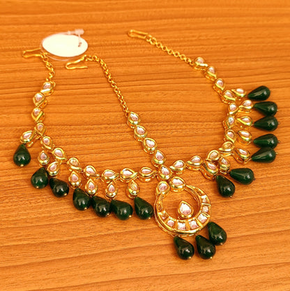 Emerald Kundan Meenakari Drop Maathapatti | Gold-Plated Bridal Head Jewellery