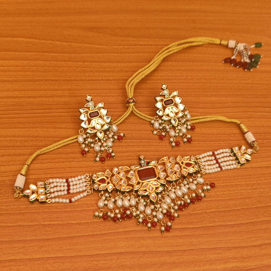 RUBY KUNDAN MEENAKARI & PEARL CHOKER NECKLACE SET