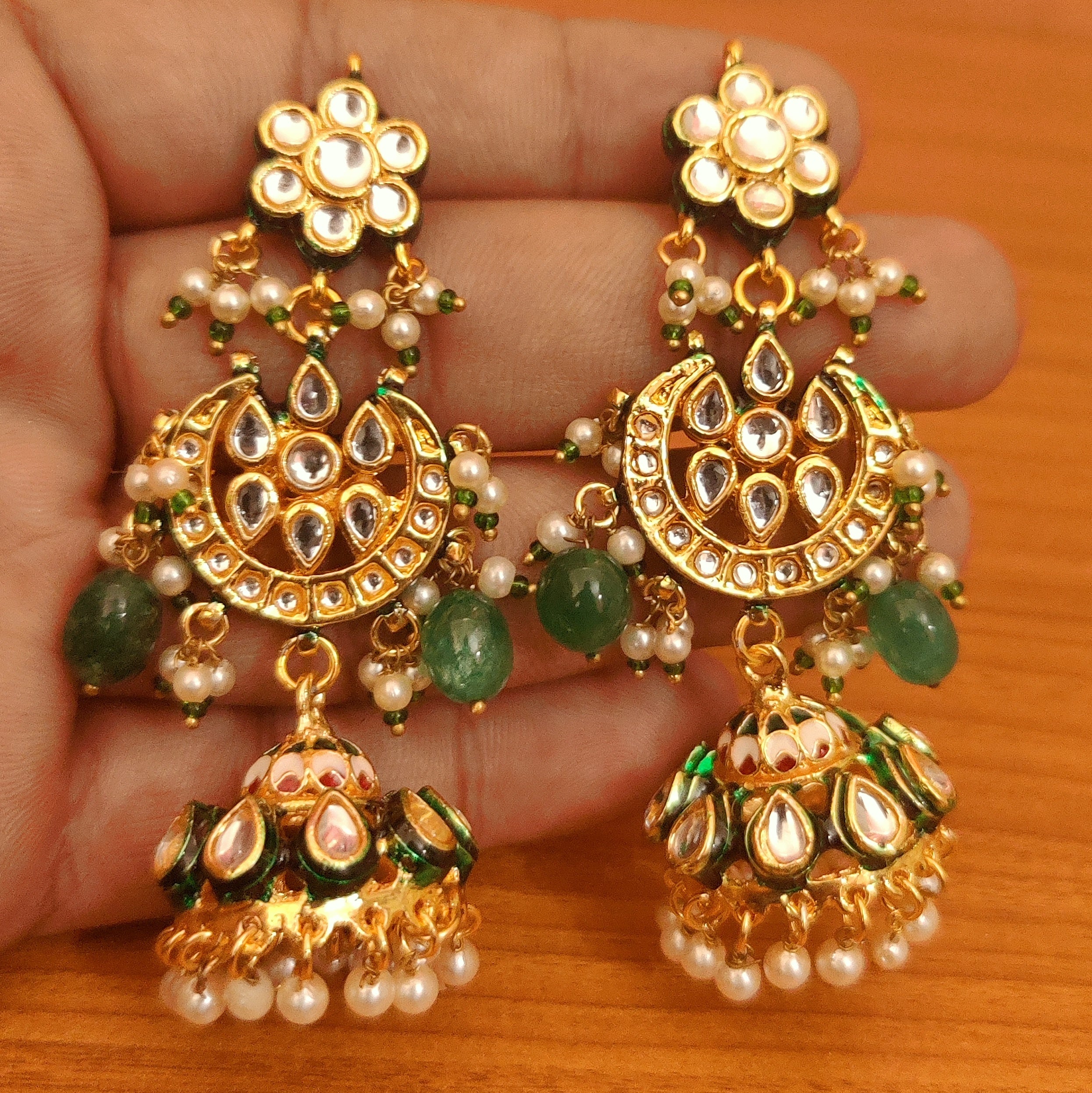 Antique gold polish kundan & emerald jhumkas with pearls (MADE TO ORDE –  House of Taamara