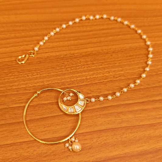 KUNDAN & PEARL POLKI BRIDAL NOSE RING