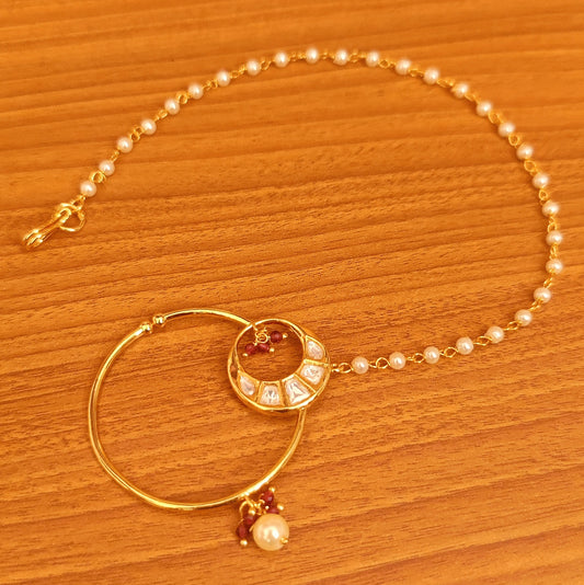KUNDAN POLKI GOLD PLATED RED BEADS BRIDAL NOSE RING
